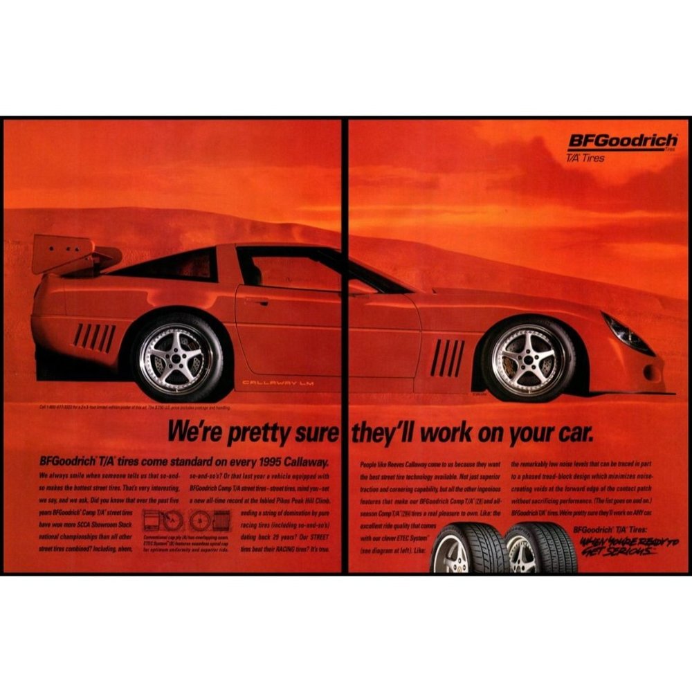 1995 BF Goodrich Tires SCCA Calloway 2 Page Vintage Print Ad Stock Car Wall Art